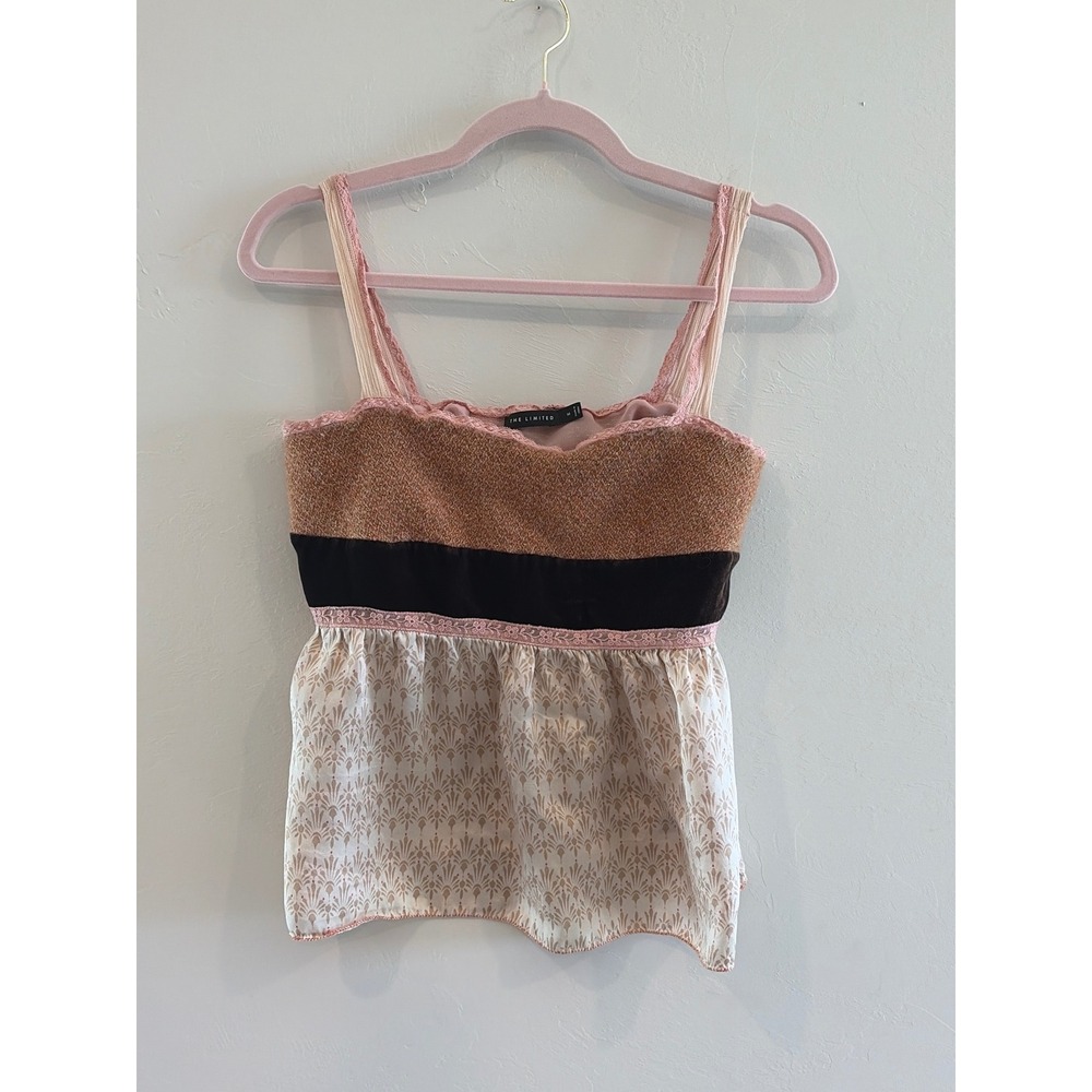The Limited Mixed Media Silk Wool Velvet Camisole Top Pink Brown Fan Print M